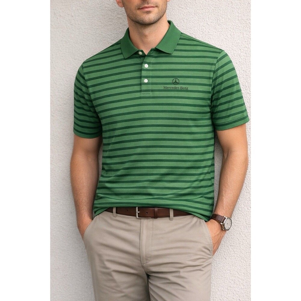 Mercedes-Benz Green Striped Polo Shirt Men's Medium Embroidered Logo Pima Cotton